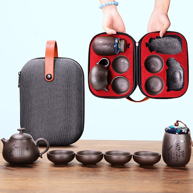 Tetera de kungfú, tetera bonita y fácil, tetera portátil de cerámica de viaje china, bandeja de cerámica, taza gaiwan para café