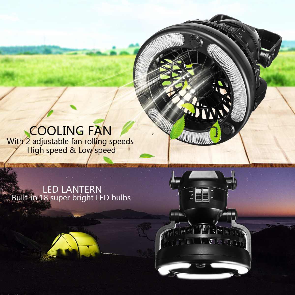 2 Mode 18 LEDs Tent Light 2 In 1 Camping Ceiling Fan Light Hanging Tent Lamp Lantern Outdoor Tent Light Fan