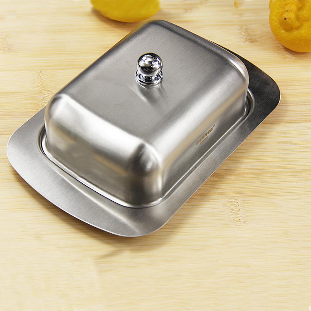 Stainless Steel Butter Dish Box Container Cheese Lid Tray with Keeper Dinnerware Storage Kitchen Server B8E9