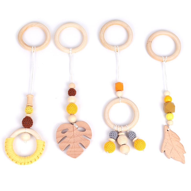 4 Stks/set Baby Play Gym Frame Wandelwagen Opknoping Hangers Hout Ring Bijtring Molaire: Leave yellow