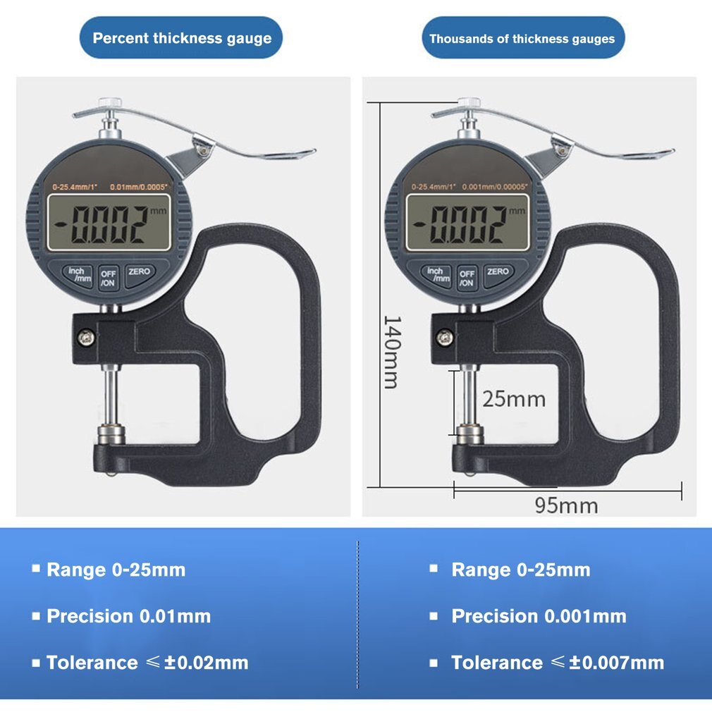 Measuring Paper Film 0-10mm/0-25mm Percentage/Micrometer Digital Display Thickness Gauge Flat Head Thickness Gauge
