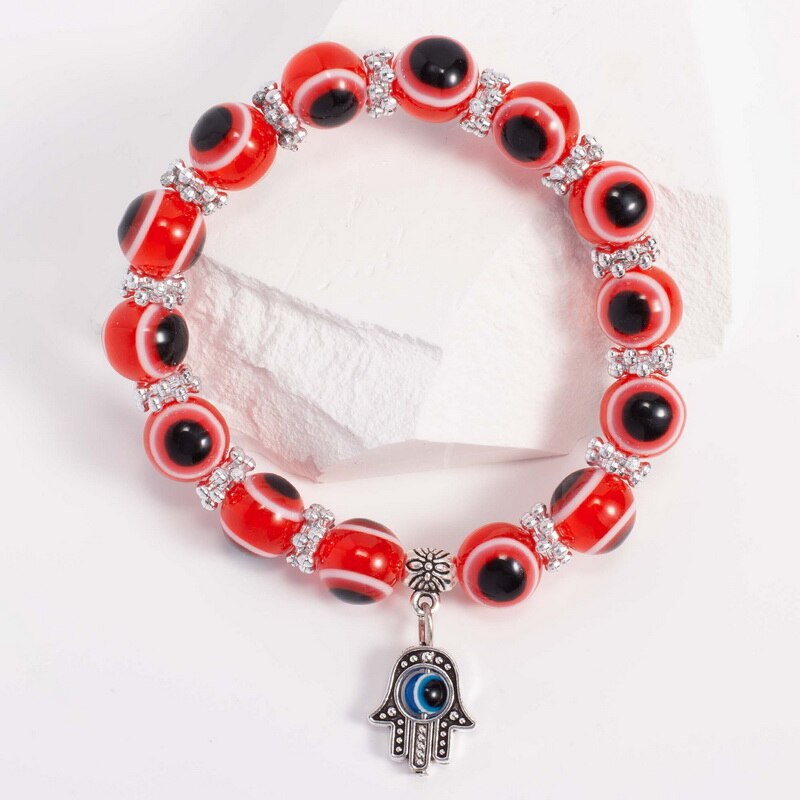 Niebieska bransoletka Evil Eye dla kobiet mężczyzn turecka dłoń wisiorek oczy koraliki Handmade szczęśliwa bransoletka elastyczna regulacja Charm bransoletka: Red Palm