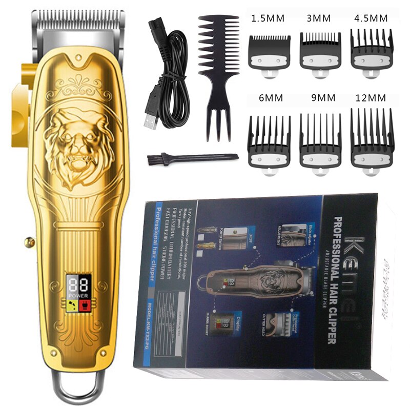 LCD hair trimmer rechargeable cordless hair clipper finishing blending electric hair cutting machine taper lever: gold with box