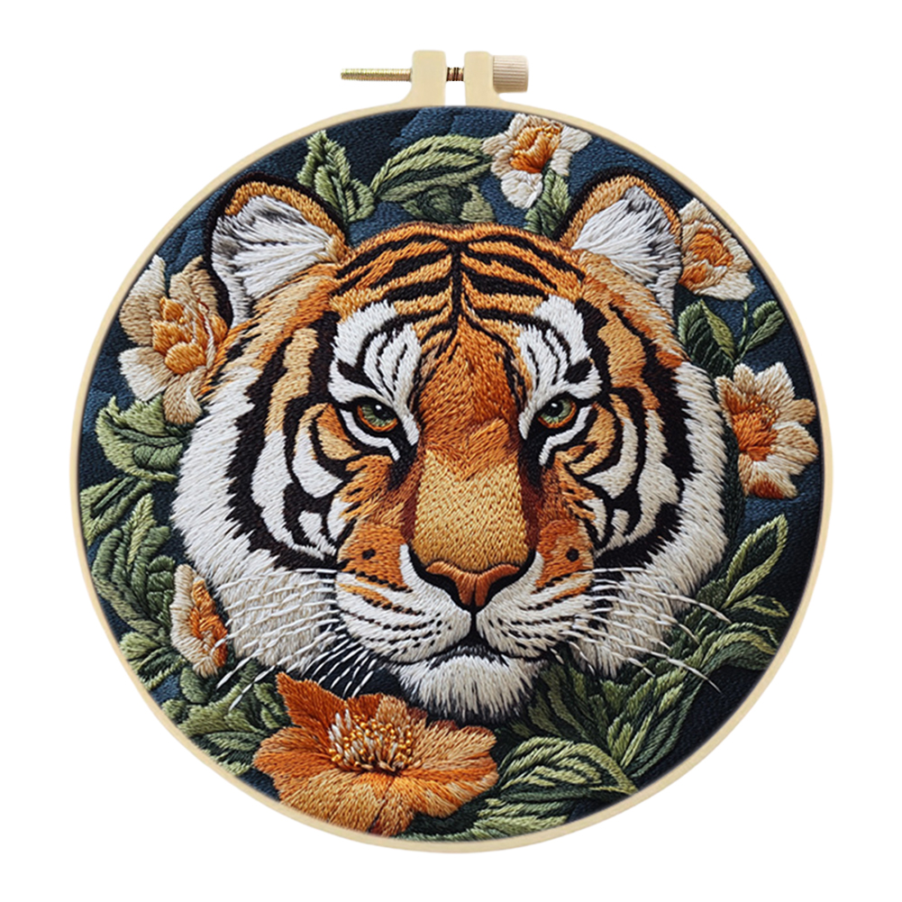 Tiger Stamped Cross Stitch Embroidery Kits with Hoop Cloth Color Thread: black