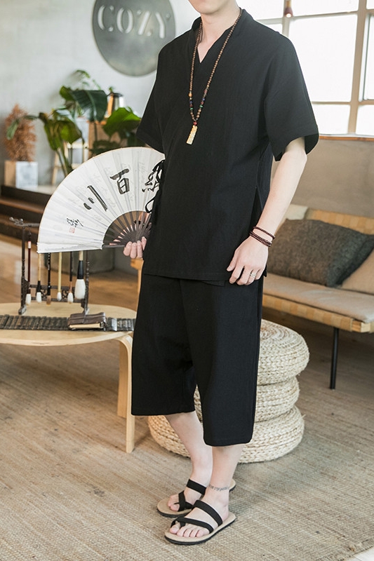 Chinesischen Stil herren Anzug Dünne Atmungsaktive Baumwolle Leinen Zwei Stück Set Hanfu Tang Casual Kimono Kurzarm T-shirt + hosen