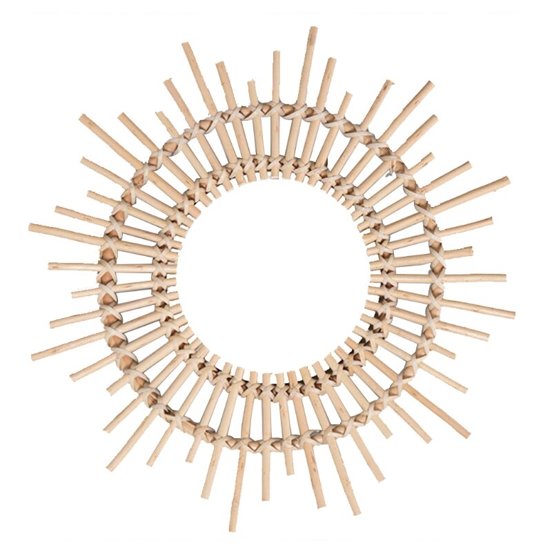 Sun Shape Decorative Mirror Rattan Innovative Art Decoration Round Makeup Mirror Dressing Bathroom Wall Hanging Mirror: 7