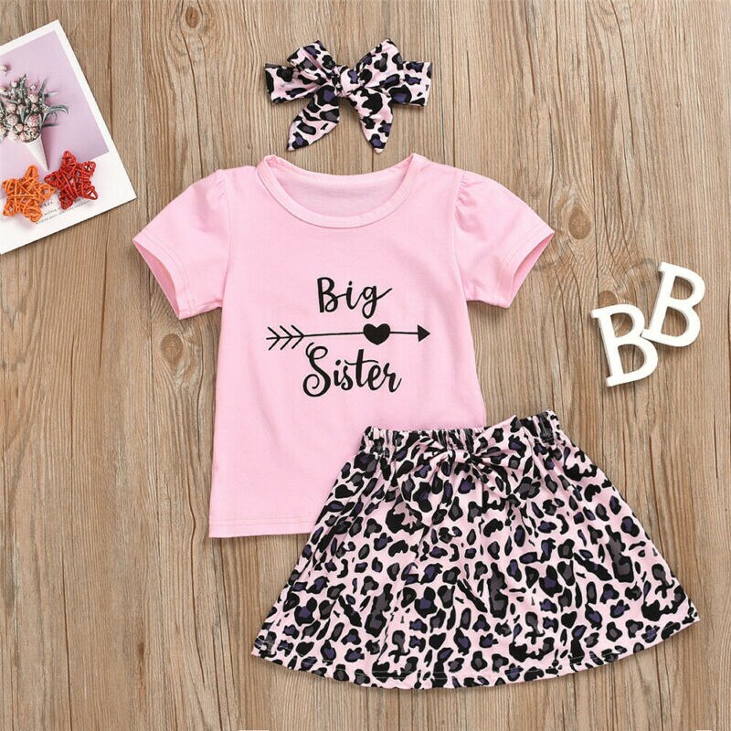 Baby sommer tøj 3 stk baby pige søster matchende tøj kortærmet t-shirt top+leopard bukser/nederdel outfit