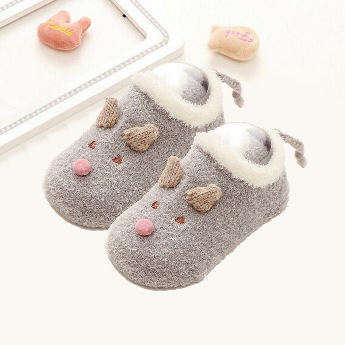 Brand Newborn Toddler Infant Baby Girl Winter Warm Socks Shoes Cartoon Furry Anti-slip Lace Cotton Socks Slipper Boots: Gray / 12 to 18 Months