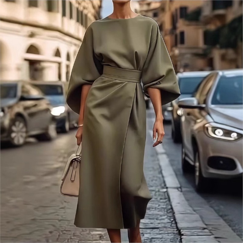 Oansatz Sieben-viertel Hülse Taille Jahrgang Kleid Für Frauen Elegante Einfarbig Temperament Fledermaus Hülse lässig Kleid weibliche
