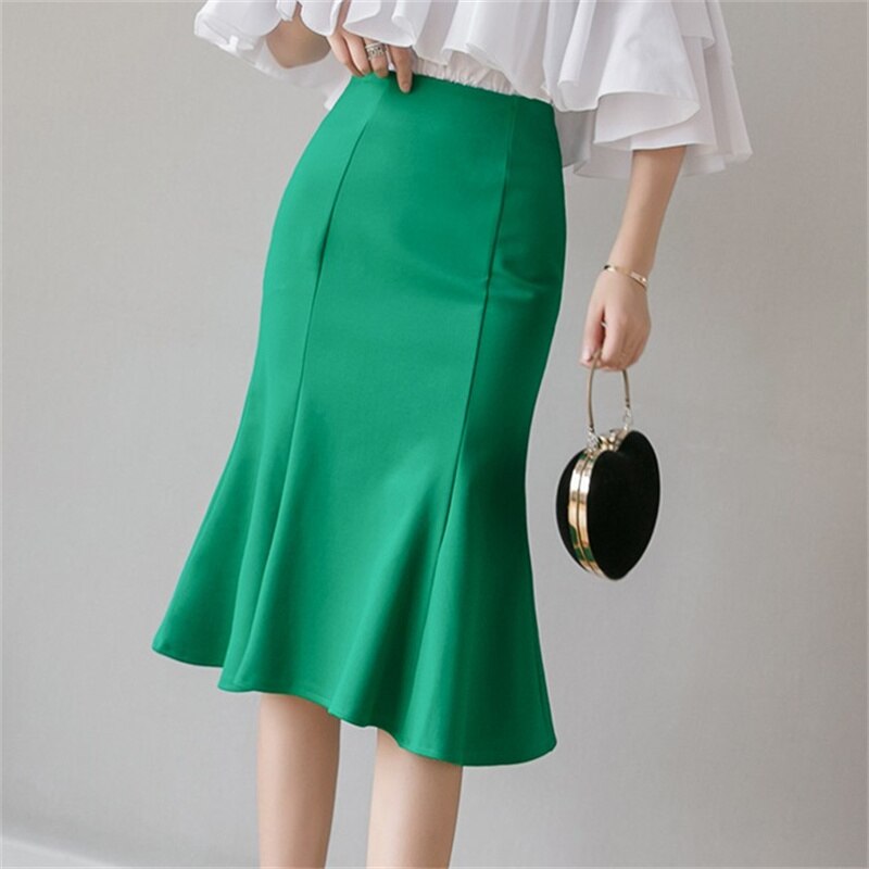 Jupe sirène élégante pour femmes, taille haute, tenue de bureau décontractée, verte, noire, Midi, tout assorti, I150: green / M