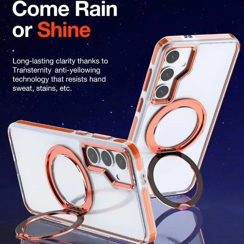 Magnetische Saugnapf-Handyhülle mit drehbarer Halterung für Samsung Galaxis S24 S23 Ultra Plus, transparente, stoßfeste Kunststoff-Konservierungsabdeckung