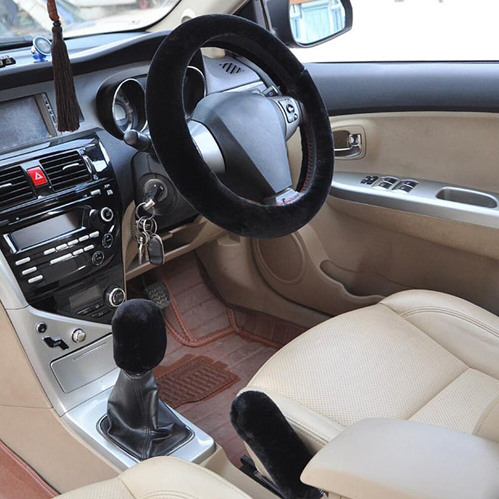Funda de volante Universal de felpa de de coche, traje de tres piezas de felpa cálida de invierno, accesorios para coche peludos: Black