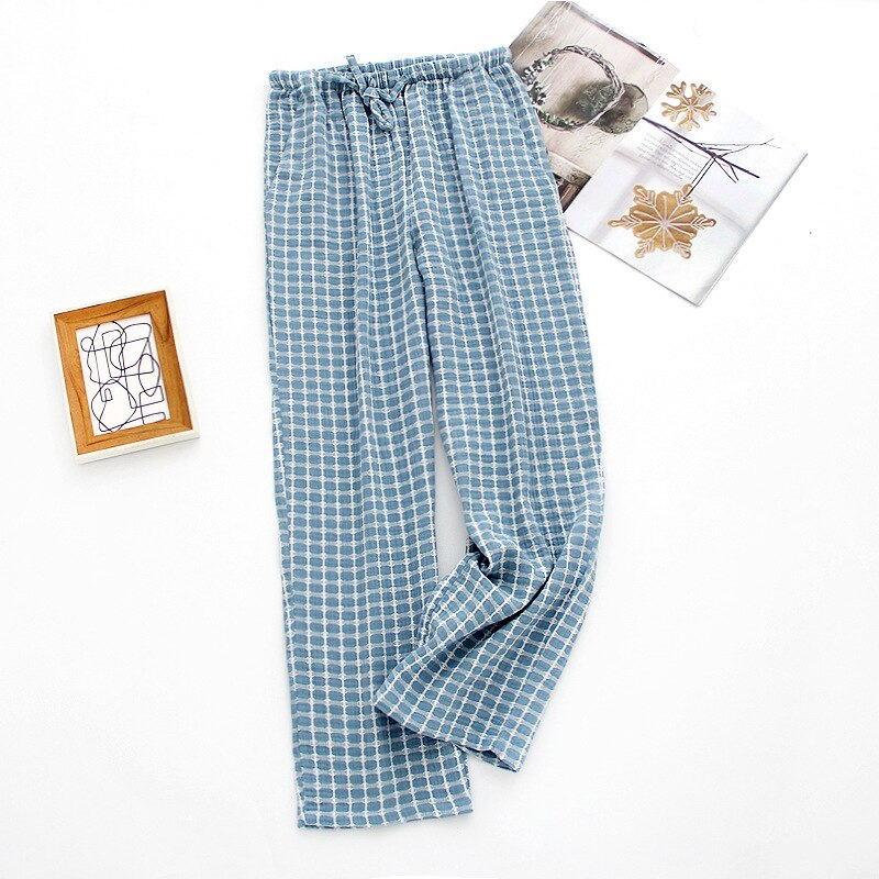 NHKDSASA Men's Cotton Gauze Trousers Plaid Sleep Pants Woman Pajamas Pants Bottoms Sleepwear Short for Couples Pijama Hombre: Mens Blue / L