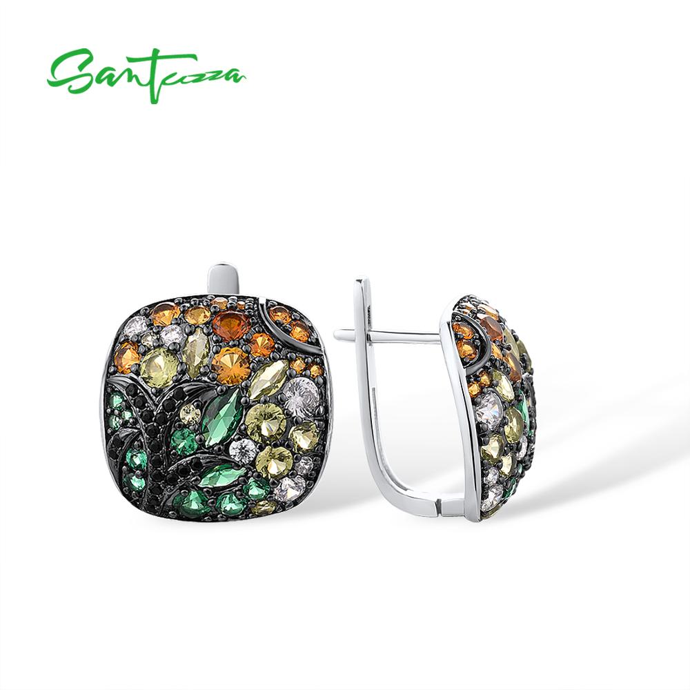 SANTUZZA Silver Earrings For Women Pure 925 Sterling Silver Colorful Stones Classical Square Trendy Party Fine Jewelry