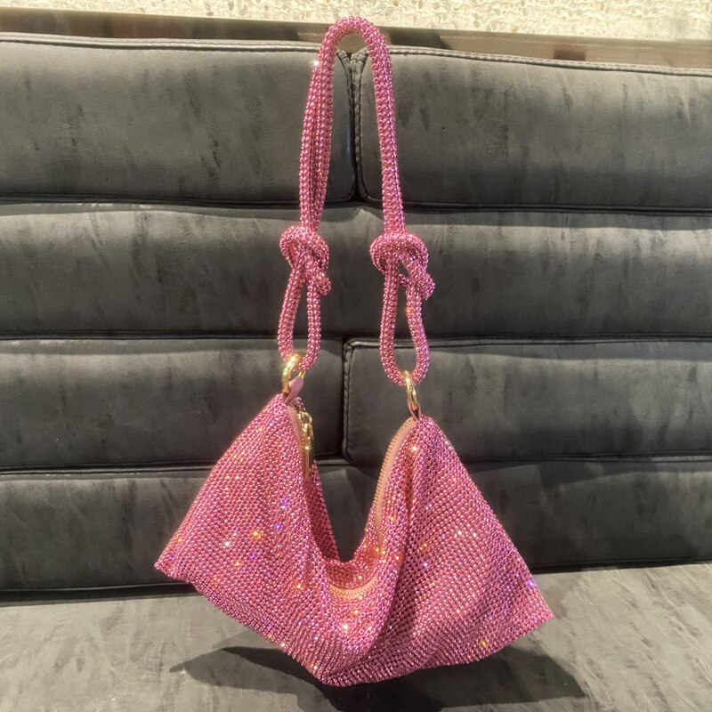 Trendy Volledige Zilveren Strass Onderarm Zak Zachte Inner Casual Fold Mode Schouder Knoop Handtas Partij Clutch: Roze