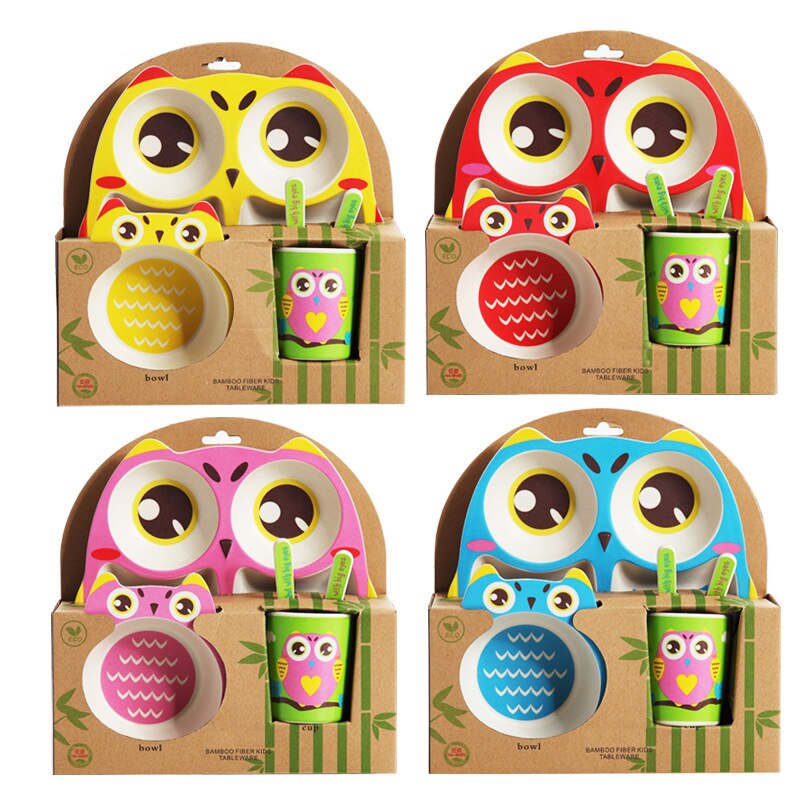 Owl Baby Dinnerware Set Bamboo Fiber Children's Plate Cartoon Baby Feeding Dishesd With Fork Spoon Cup Kids Tableware