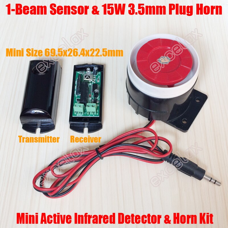 Photoelectric Mini 1 Beam Sensor Active Infrared Detector & 3.5mm Wired Sound Siren Horn Kit Wall Fence Motion Intrusion Alarm