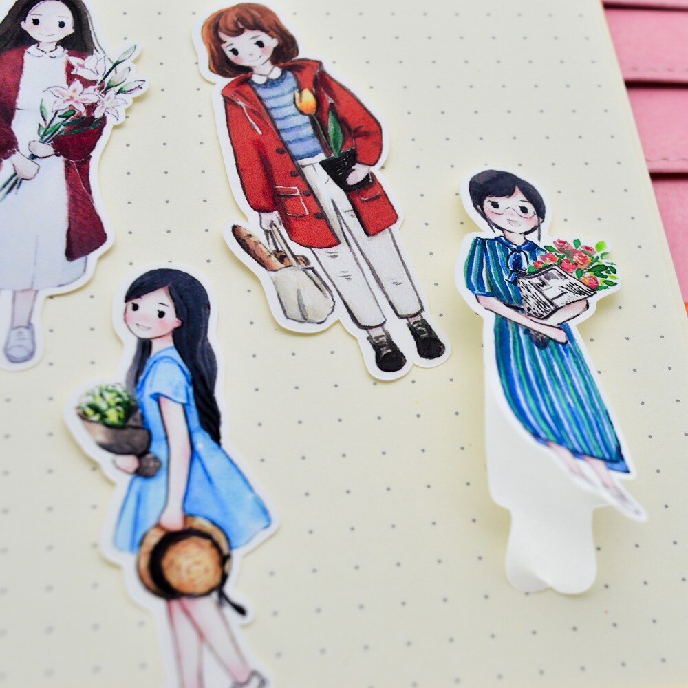 28pcs Hand Drawing Watercolor cute girls Planner journaling stickers scrapbooking DIY Dry Glue Sticker kawaii stationery