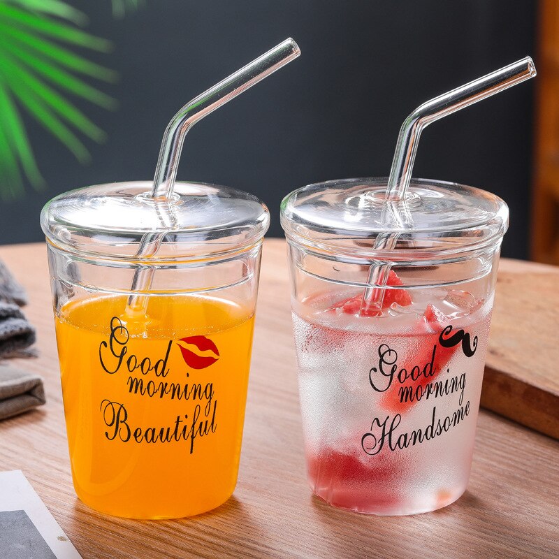 Heat-Resisting Clear Strawberry Letter Pattern Coffee Juice Drinking Water Glass Cup with Straw Lid For Home OffIce Drinkware MJ