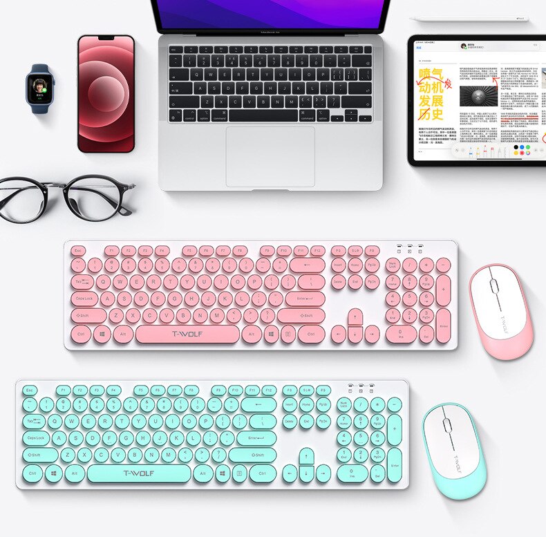 Thunder Wolf TF770 Wireless Keyboard and Mouse Set Punk Round Keycap Pink Girl Wireless Keyboard and Mouse for PC Laptop Office