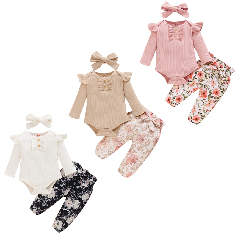 Ensemble de vêtements pour -né bébé filles 3 pièces fleurs imprimer volants à manches longues barboteuse pantalon bandeau 0-24M