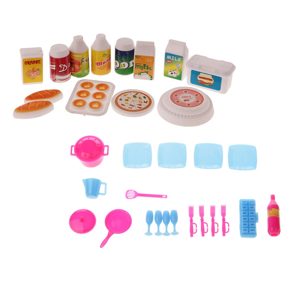 30pcs Dollhouse Plastic Kitchenware & Food Set for Doll Accessories