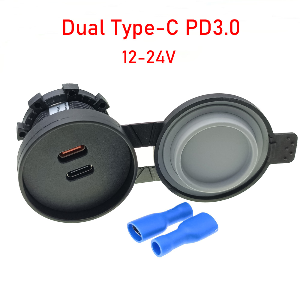 12-24v biluttag med dubbla typ-c-uttag,  pd3.0 qc3.0 usb-snabbladdningskontakt för telefon, vattentät adapter för bilar och båtar: Lavendel-