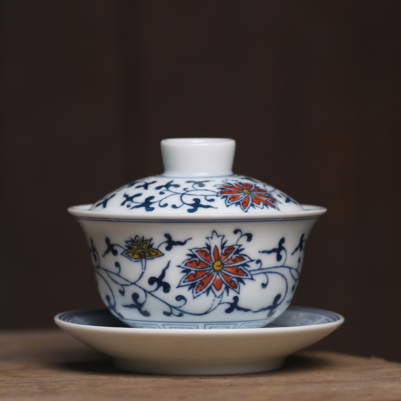 Chinese Style Hand Painted Tea Bowl Ceramic Blue And White Teacup Kung Fu Tea Set Vine Cup Tureen Porcelain Cup Gaiwan Chawan