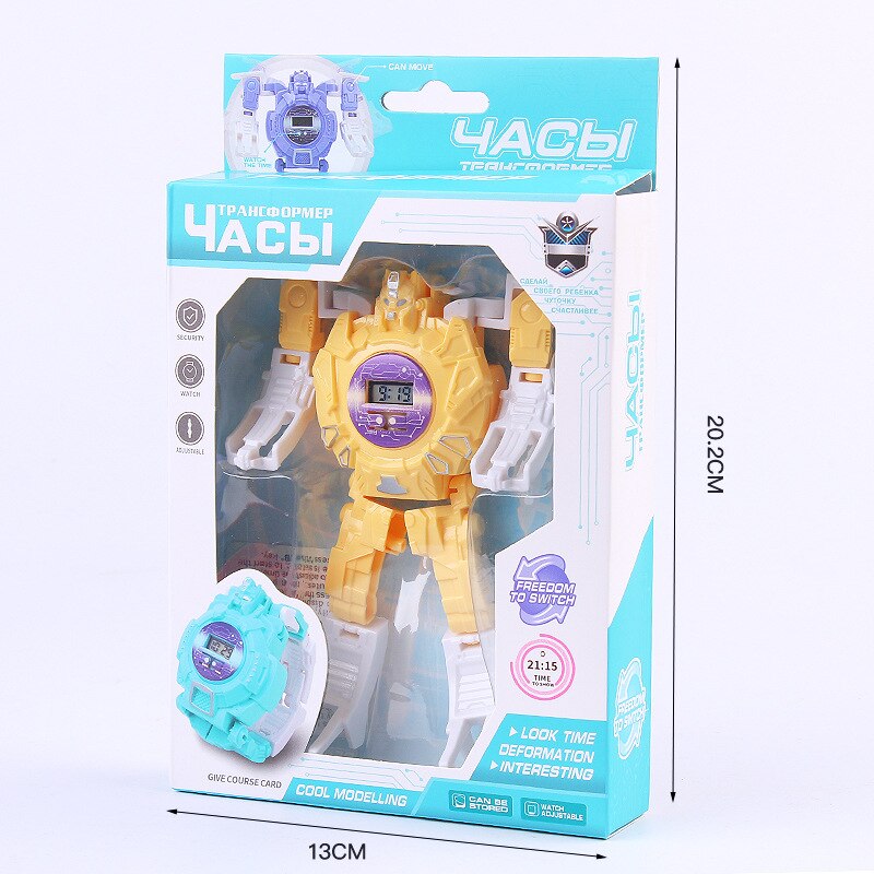 Children Transformation Electronic Watch Jingang Toy Dinosaur Turning Robot Iron and Steel Shining Transformation Watch: Robot Watch Boxed  Yellow