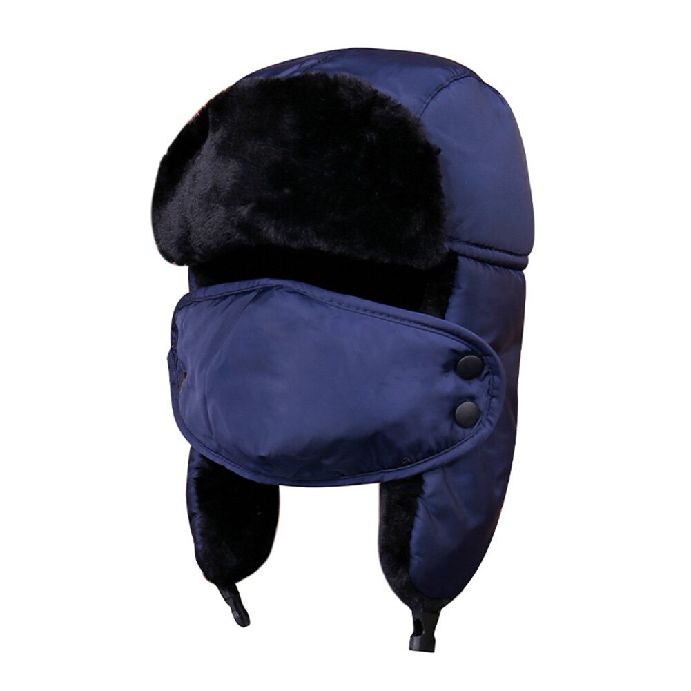 Winter Unisex Face Mask Earflap Plush Lined Hat Thick Warm Outdoor Riding Cap: Navy Blue