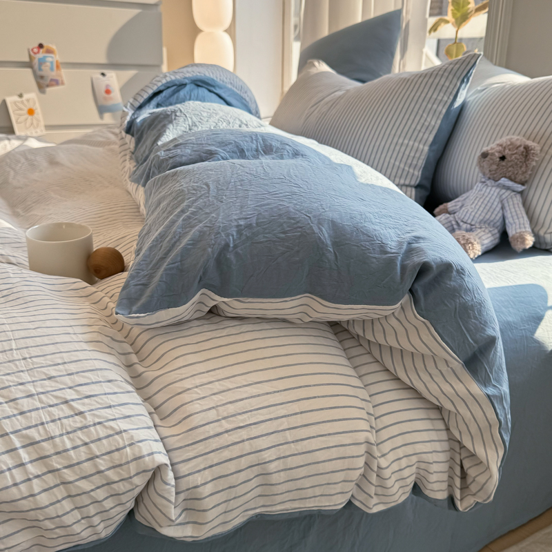 Gestreifte Bettwäsche-einstellen aus reiner Baumwolle für Heimtextilien, einfaches weiches Bettbezug-Bettlaken, Kissenbezug, eins-Stil, Bettwäsche, Königin-Größe-Größe 2025,: Volle / verrotten