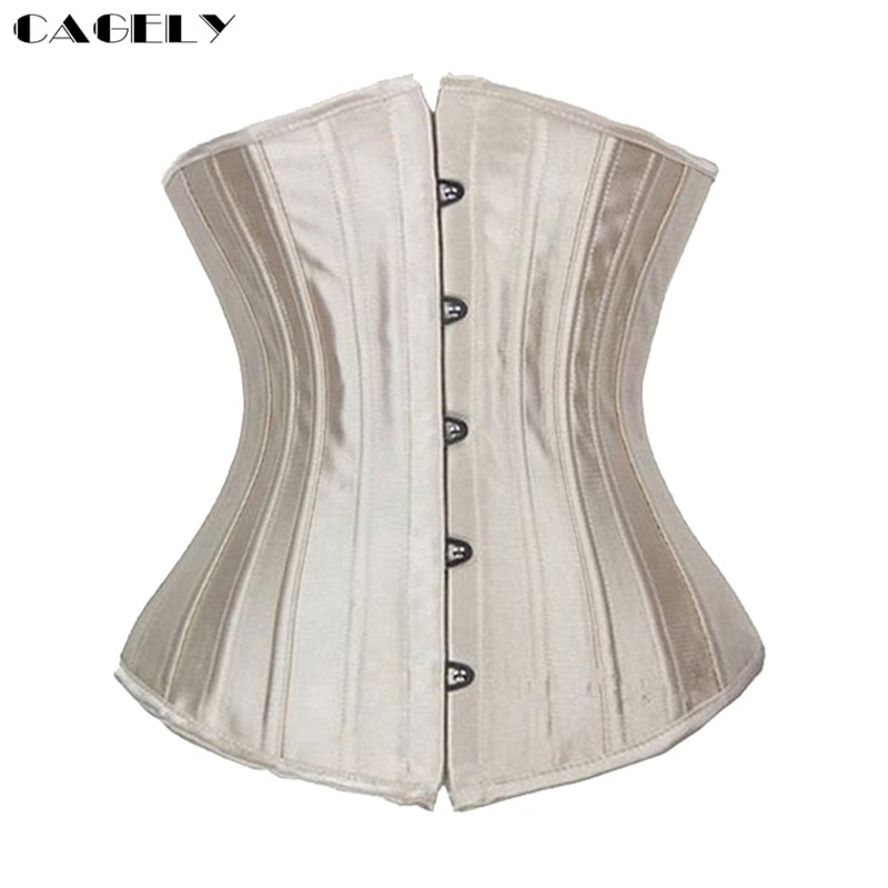 24 Steel Boned Satin Waist Trainer Cincher Underbust Corset Top Underneath Lace-up Bustier Tummy Slim Shapewear Sexy Lingerie: Beige / XS