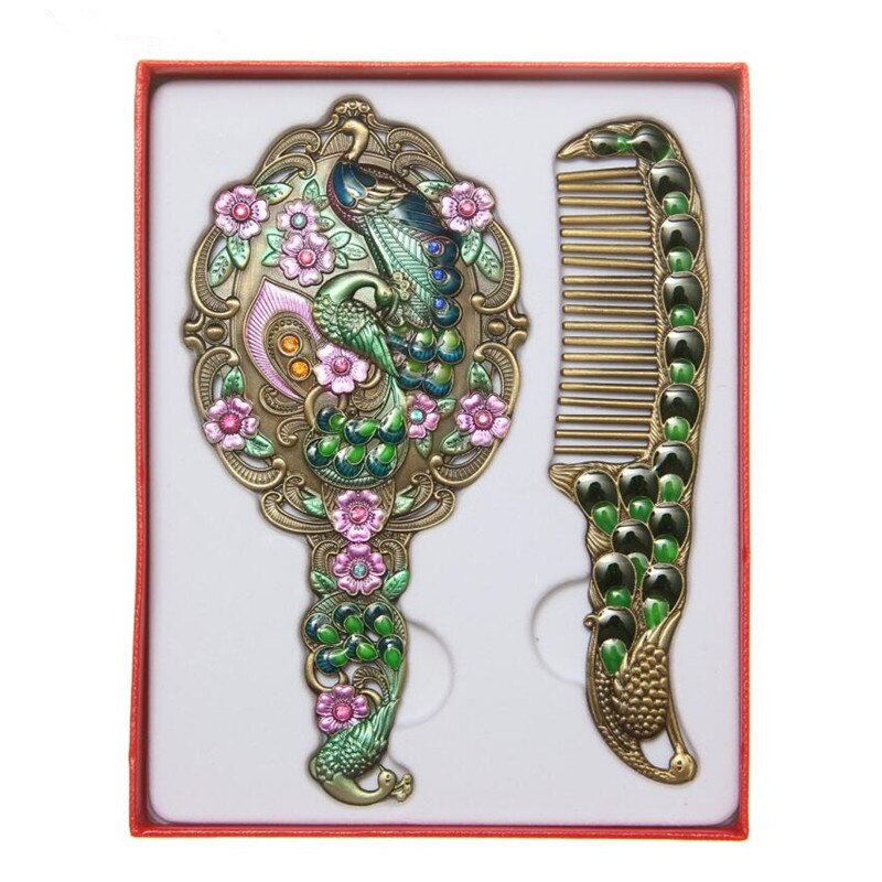 Aishangmei Exquisite Retro peacock makeup mirror maquillaje espejo Metal Portable mirror comb set Cosmetic mirrors