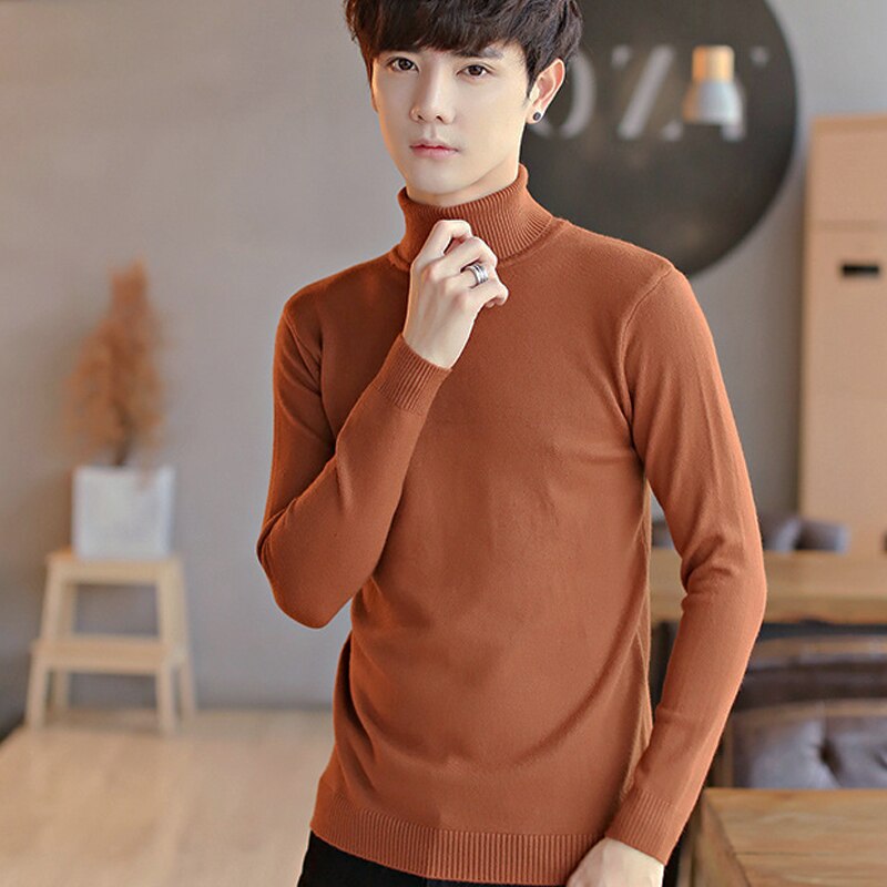 Ensfarvet rullekrave sweater herre klassiske strikkede herre sweatere forår efterår afslappet turtleneck krave slim fit pullover: Brun sweater herre / L