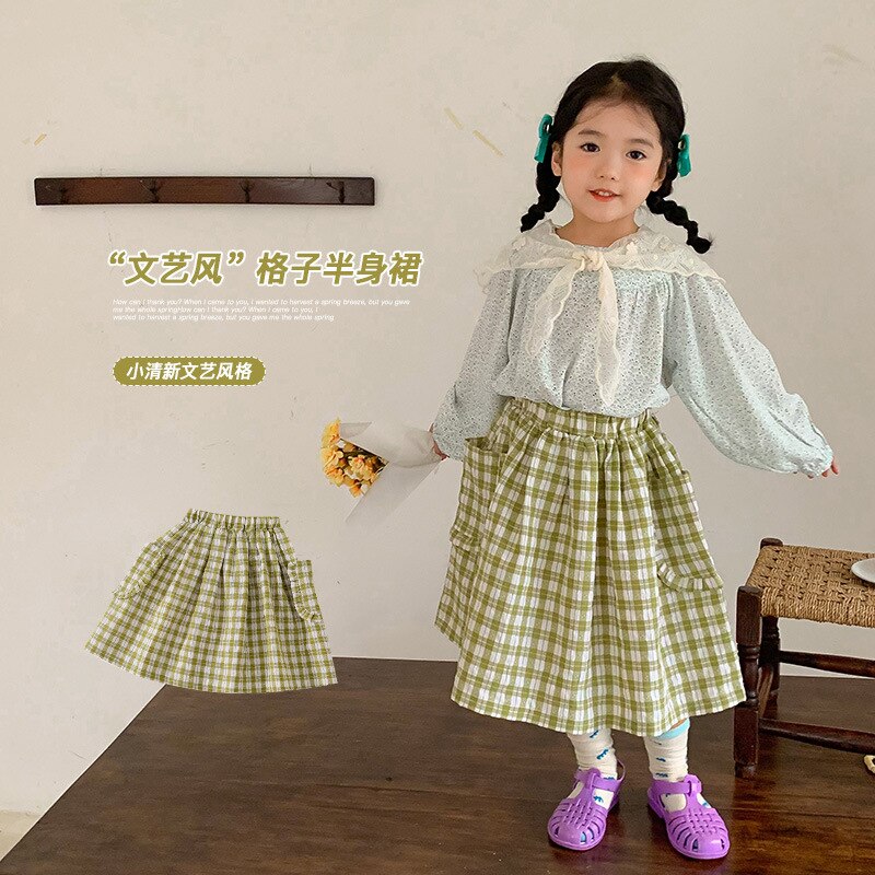Gonne per ragazze 2022 primavera nuovi bambini moda cotone Plaid lungo abbigliamento ragazza bambino A-line bambino gonna con volant per bambini