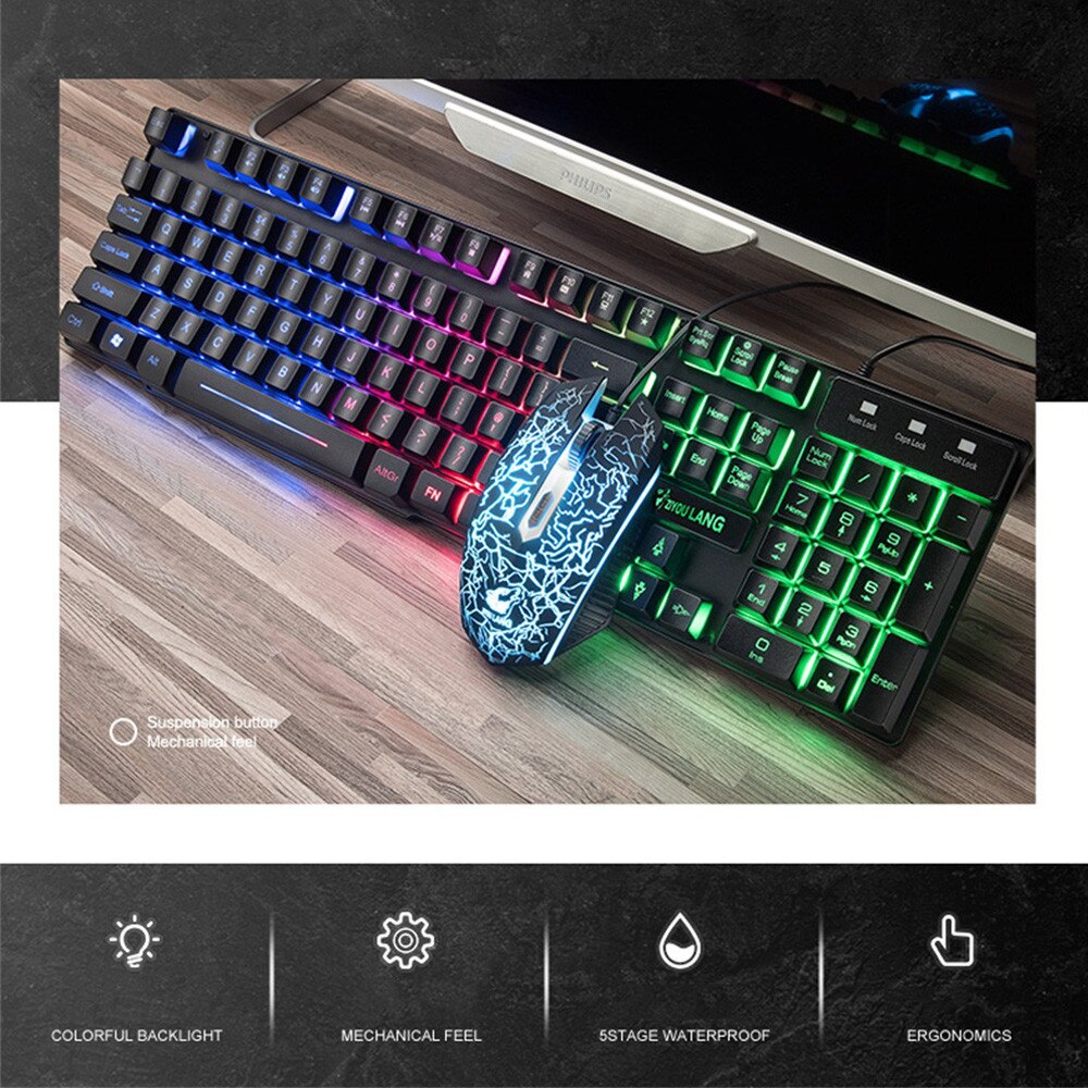 T9 rainbow backlight usb keyboard mouse set ergono grandado
