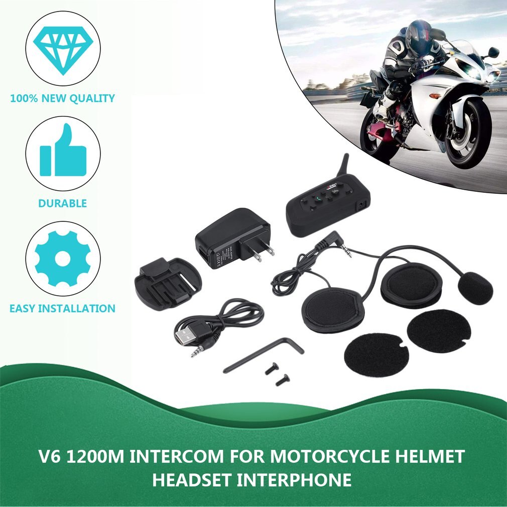 US / EU Plug V6 Helmet Intercom 6 Riders 1200M Motorcycle Bluetooth Intercom Headset Walkie Talkie Helmet BT Interphone