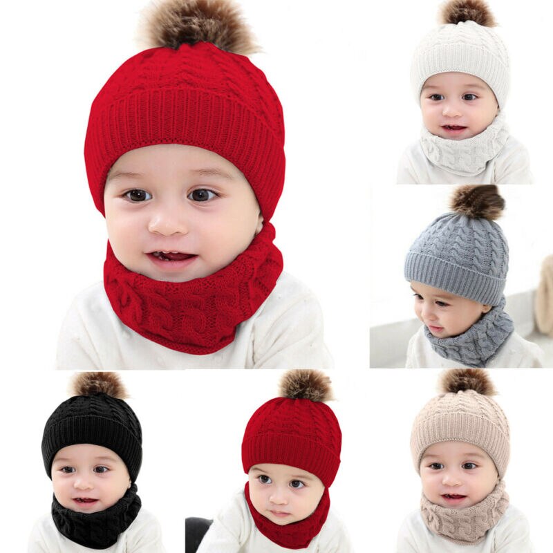Trend 2PCS Leuke Peuter Kid Meisje Jongen Baby Baby Winter Warm Haak Muts Beanie Casual solid Cap Sets