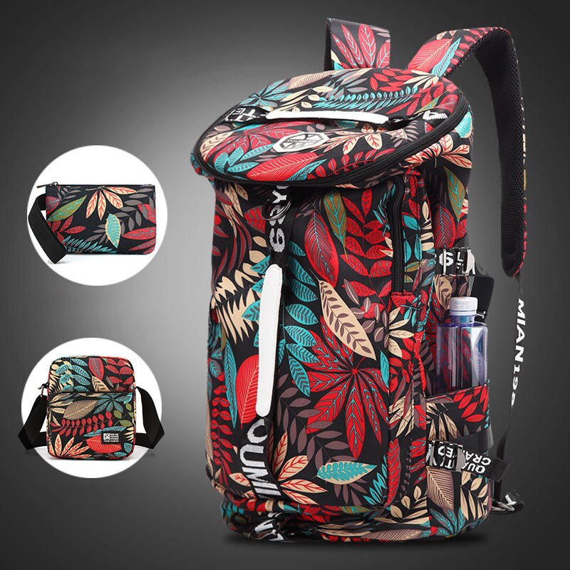YOUMIAN Large-capacity travel backpack female shoulder bag sports fitness canvas bag light hiking travel luggage: Red leaves Big Set