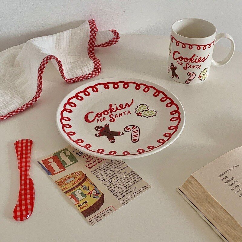 Korean Style Christmas Cartoon Gingerbread Man Ceramic Plate Candy Red Lace Cake Dessert Plate Charger Plates