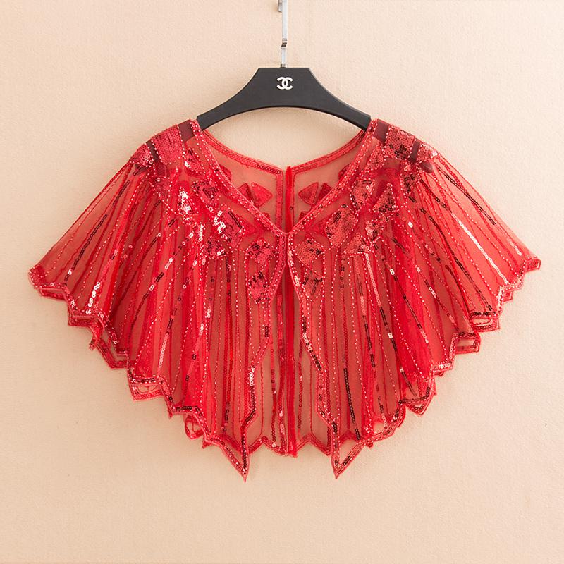 Châle de mariée , 16 couleurs, enveloppe en dentelle noire, boléro Cape courte pour femmes, paillettes scintillantes, veste d'été en dentelle noire: purered