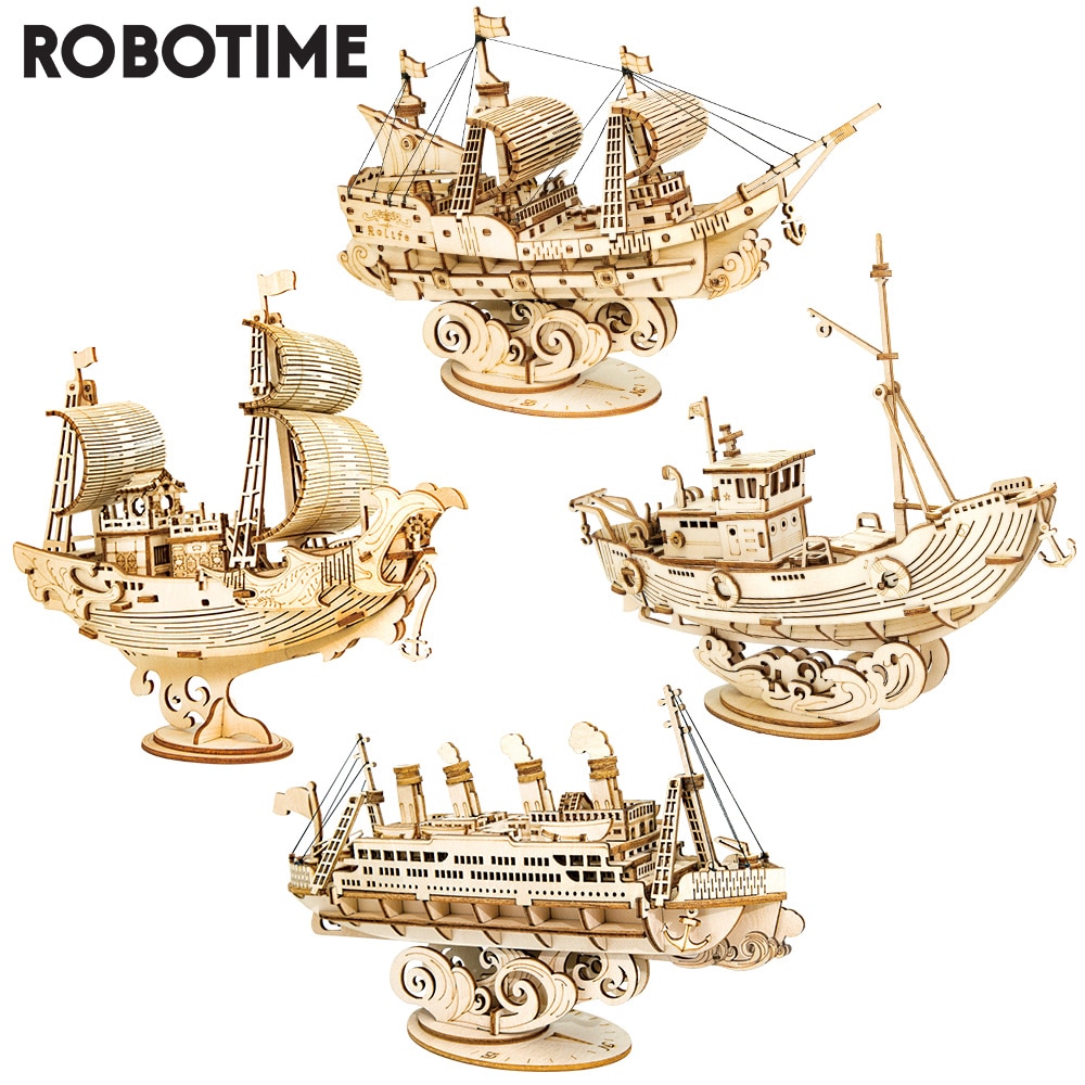 Robottime 3d træpuslespil båd &amp; skibsmodel legetøj til børn børn piger fødselsdag