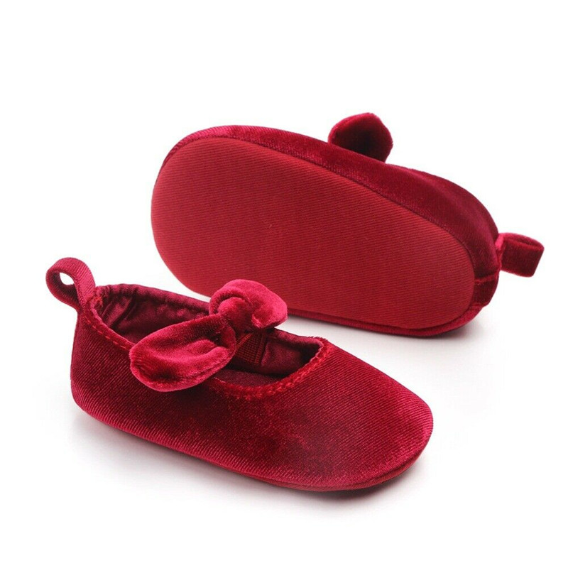 Nyfødt baby pige blødt guld fløjl sko med hårbånd spædbarn bowknot første walkers efterår forår rød 0-18m