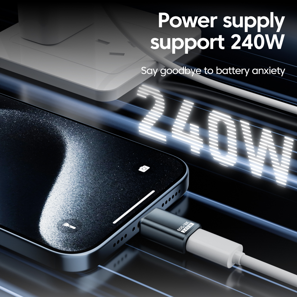 Adaptador OTG de 240W USB 3,0 tipo C a tipo C 8K 80Hz USB C carga rápida 80Gbps transferencia de vídeo de datos para iPhone 16 Macbook 90 ° Codo