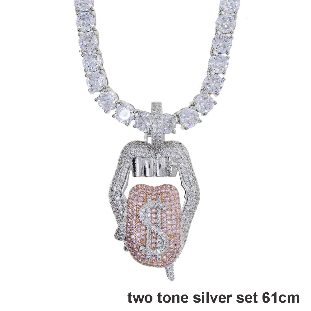 Iced out white pink mouth pendant Dollar symbol engraved hiphop bling cz pave tennis chain dripping Lip men boy necklace jewelry: two tone set 61cm