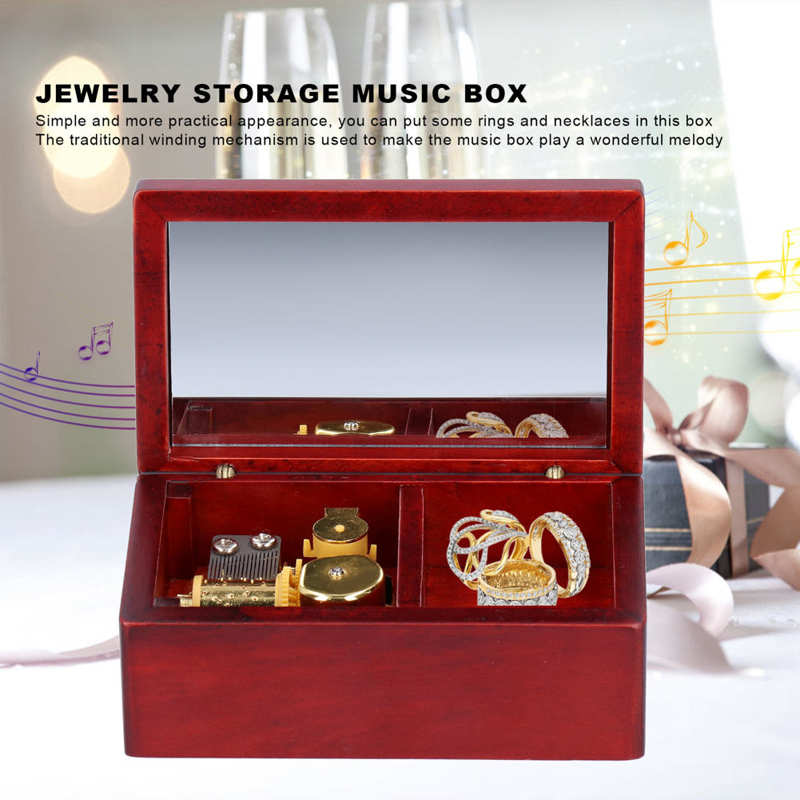 Musical Jewelry Storage Case with Mirror Desktop Music Box Wooden Decoration