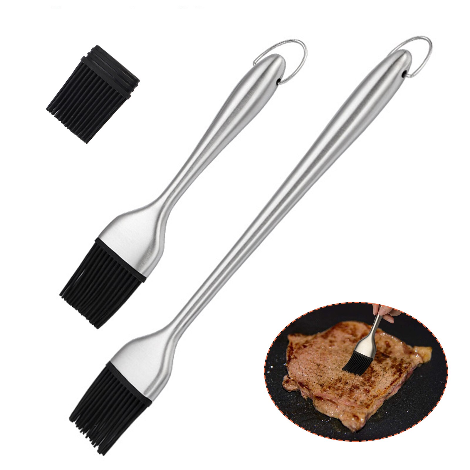 BBQ Oil Brush Silicon Basting Head Stainless Steel Handle Grill Barbecue Cooking Food safe Sauce Brush Removable Kitchen Gadget