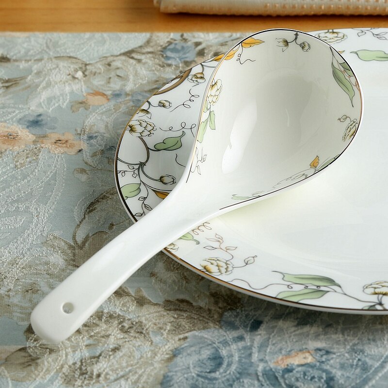 Cuchara de cerámica china para sopa, cucharón de cerámica natural para cocinar, utensilios para servir, buffet, pintura de hojas verdes