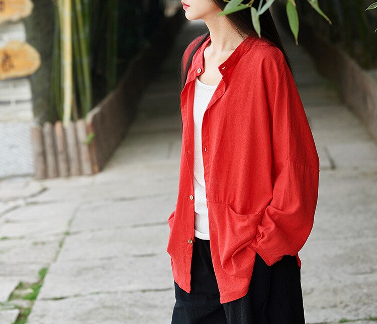Muelle suvance verano otoño O Color sólido cuello Blusa de manga larga de lino Camisas de mujer
