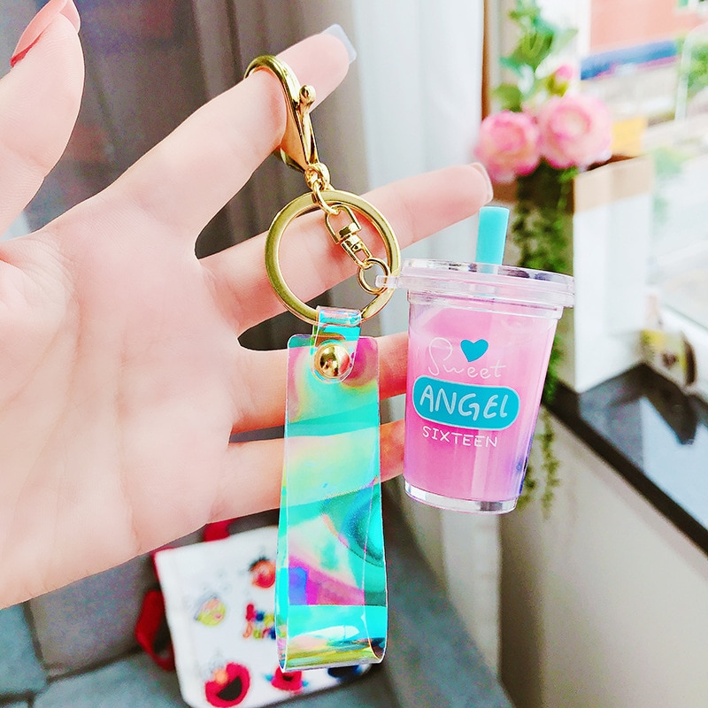 Mini Soft Drink Keychain Milk Tea Beverage Bubble Tea Keyring Moving Liquid oil Decompression Keyfob Jewelry